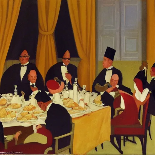 Image similar to president muhammadu buhari sitted at a lavish banquet with a large bastion of chicken minimalist solid background the great feast regal ornamental in the style of edward hooper and henri matisse oil painting