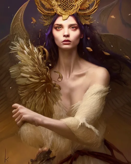 Prompt: a ( ( girl as personification of intellect ) ), beauty, fantasy, she is wearing robe of feathers, digital painting by krenz cush art, greg rutkowski, artgerm, laurie greasly, wlop, intricate, highly detailed!!, sharp focus, smooth, epic composition, unreal engine, masterpiece, 8 k, interesting background