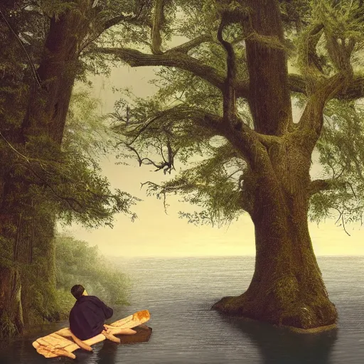 Image similar to two men sitting on a small damn on a river with a tree in the middle with a forest in the background