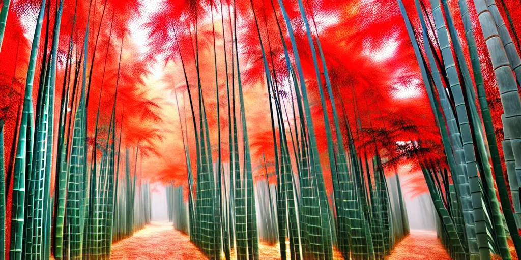 Image similar to Ancient city, Japanese architecture, city is surrounded by tall bamboo, in a bamboo forest, on a mountain, the weather is mist, red leaf trees and bamboo, ultra realistic, detailed, 4k