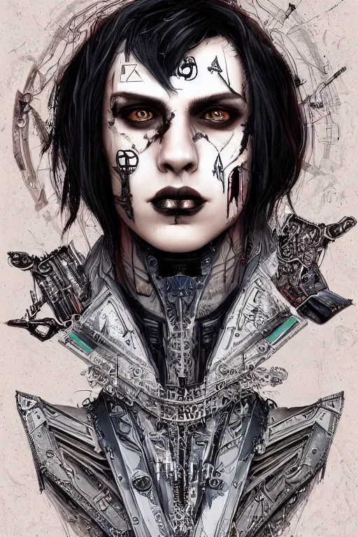 Prompt: portrait of beautiful young gothic man, warhammer, a lot of scars, readhead, the future ages, cyberpunk, highly detailed, artstation, illustration, art by tristan eaton, 8 k quality