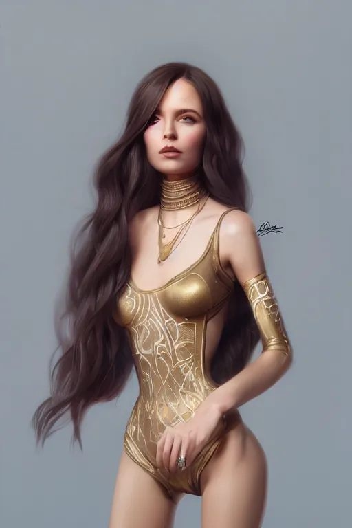 Image similar to full portrait of a beautiful female dollpunk with thin lustrous hair wearing a bodysuit, reflections, focus, detailed, realistic eyes, symmetric features proportions, intricate facial skin details, award winning, trending in cgsociety artstation deviant art, octane render, byTom Bagshaw