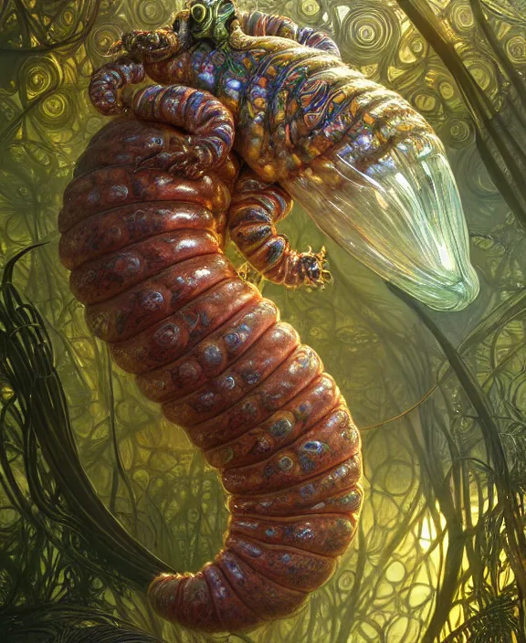 Image similar to intricate ornate opulent transparent clear see - through portrait of a terrifying beautiful fat male alien centipede, mottled coloring, adorable, childlike, overgrown jungle environment, ultra realistic, concept art, art nouveau, photorealistic, octane render, 8 k, unreal engine. art by christopher marley and artgerm and greg rutkowski and alphonse mucha