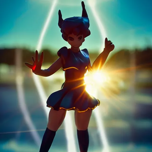 Prompt: cute pvc figure of a powerful sorceress bringing the power of the sun down on her foes, lens flare, chromatic aberration, motion blur