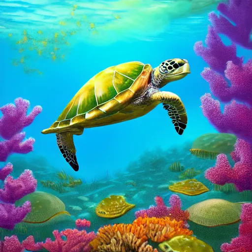 Image similar to a beautiful matte digital painting of a light-green sea turtle swimming over an red-orange coral reef through blue-violet waters, triadic color palette, painted in the style of National Geographic, trending on artstation hq