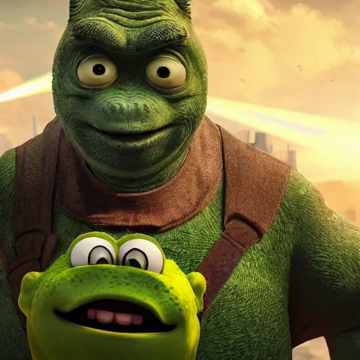 Image similar to mr. bean godzilla super mario pickle rick yoda donkey kong pikachu yeti shrek spongebob homer groot kermit in gears of war, splash art, movie still, detailed face, photorealistic facial features, cinematic lighting, dramatic, octane render, long lens, shallow depth of field, bokeh, anamorphic lens flare, 8 k, hyper detailed, 3 5 mm film grain