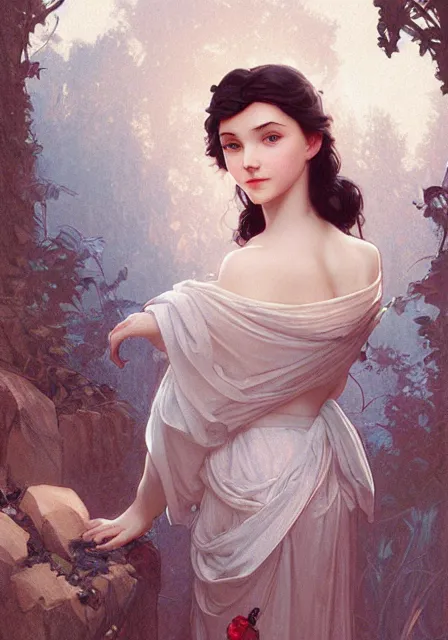 Prompt: little snow white, intricate, elegant, highly detailed, digital painting, artstation, concept art, smooth, sharp focus, illustration, art by artgerm and greg rutkowski and alphonse mucha and william - adolphe bouguereau