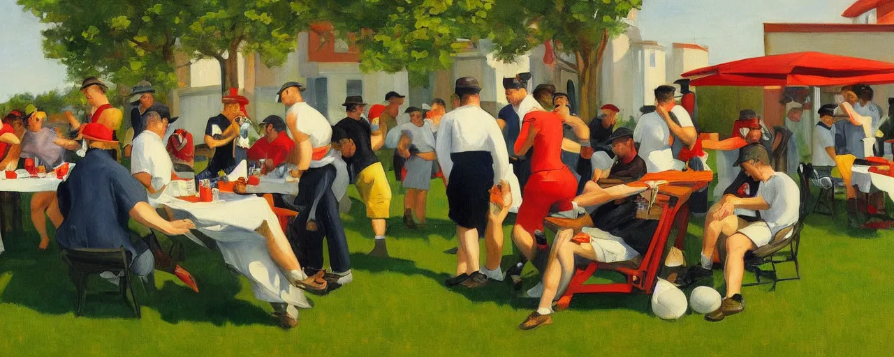 Prompt: an awesome painting of a group of football fans drinking beer and barbequing at a tailgate party, a picture in the style of Edward Hopper