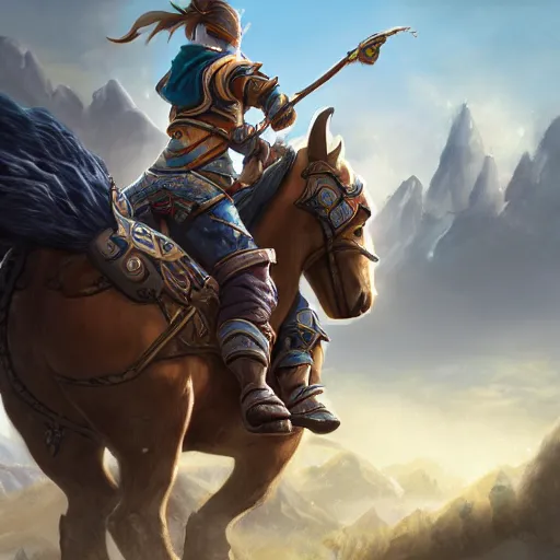 Image similar to a boy riding a horse, blizzard warcraft art, concept art, incredibly highly detailed and realistic, 8 k, sharp focus, studio quality