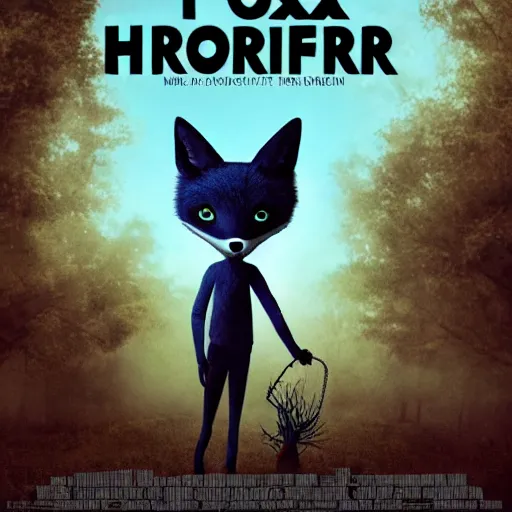 Prompt: blu-ray movie box cover for a horror film featuring an anthropomorphic black foxes dressed in casual clothing