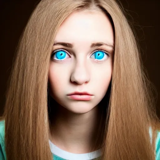 Image similar to brunette with dyed blonde hair, 18 years old, 155 cm tall, long flat hair, blonde, green big eyes, small nose, small mouth, round shaped face, big forehead, lop eared, full body shot, thin eyebrows, real life photograph