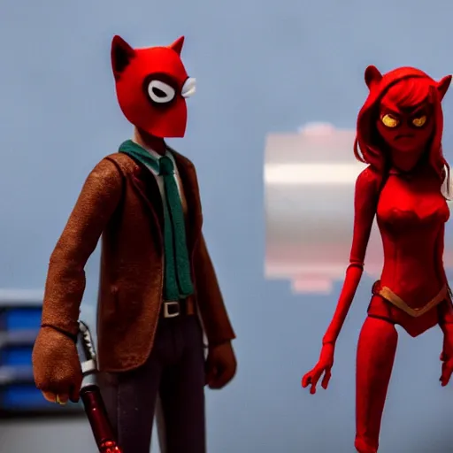 Prompt: a cinematic film still of a claymation stop motion film starring emma stone as red hood and andrew garfield as wolf, brunette hair, shallow depth of field, 8 0 mm, f 1. 8