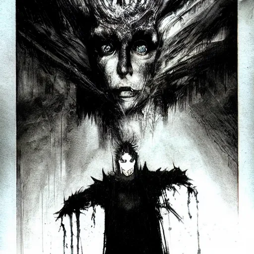 Image similar to gaunt ( the cure fan ) as dream from sandman, dim stars as eyes, dracula, by jeremy mann, by cedric peyravernay, by ben templesmith, by dave mckean and richard avedon, dramatic lightning, sadness, dark eye sockets, in the shadows, punk rock, gothic, high detailed, 8 k