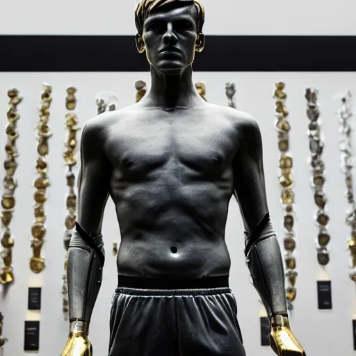 Prompt: a realistic detailed photo of a guy who is an attractive humanoid who is half robot and half humanoid, who is a male android, soccer players martin ødegaard, shiny skin, posing like a statue, blank stare, in a museum, on display, showing off his muscles, gold soccer shorts, ground view, ceramic statue