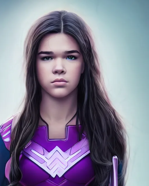 Prompt: Hailee Steinfeld as Kate Bishop by Zeronis and Avetetsuya Studios and Mitsu Art, Marvel, Hawkeye, blush, symmetrical face, intricate, face, blue iris eyes, black hair, anime, elegant, light purple mist, trending on artstation, artstationHD, artstationHQ, patreon, 4k, 8k