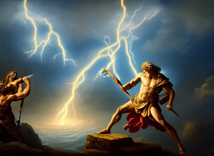 Prompt: soft painting of zeus fighting chronos with a spear of lightning at the top of mount olympus. fantasy style. highly detailed 8 k. intricate. lifelike. soft light. nikon d 8 5 0 5 5 mm. dof. cinematic post - processing.