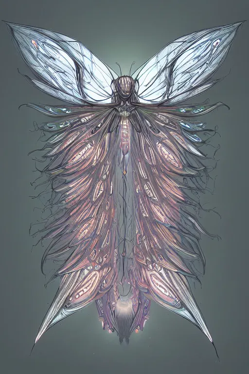 Image similar to moth monster, glowing, symmetrical, highly detailed, digital art, sharp focus, trending on art station, anime art style