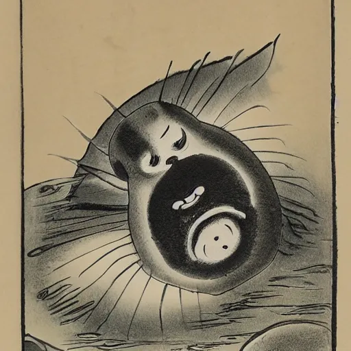 Image similar to a baby harp seal demon, radiating dark aura, Japanese ink drawing from 1850