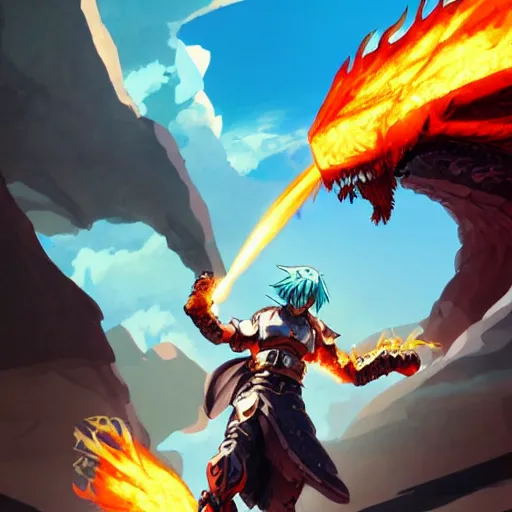 Image similar to dragon spits fire on a blue knight holding a gold sword, a green hatchback car is nearby, low wide angle, anime, desert landscape, greg rutkowski, Murata, one punch man manga,