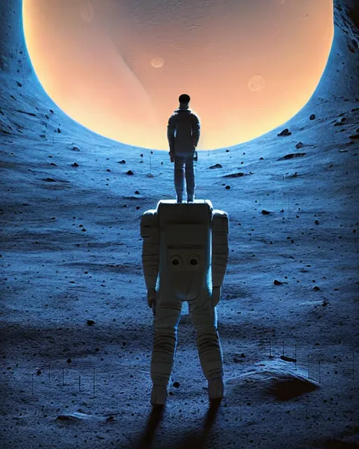 Image similar to a person standing in front of an open door that's on the moon, poster art by mike winkelmann, trending on cg society, space art, sci - fi, ue 5, futuristic, volumetric lighting