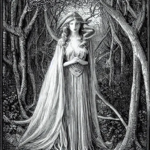 Prompt: beautiful elegant!!! portrait of woman tolkien elf in the forest at night rivendale, style of gustave dore, moon and stars