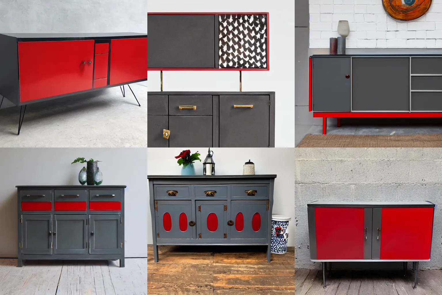 Prompt: a sideboard, gunmetal and red enamel