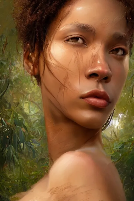 Image similar to full body beautiful mulatto caught by a predatory plant venus flycatcher, gorgeous, close-up portrait, intricate, elegant, volumetric lighting, scenery, digital painting, highly detailed, artstation, sharp focus, illustration, concept art, ruan jia, steve mccurry