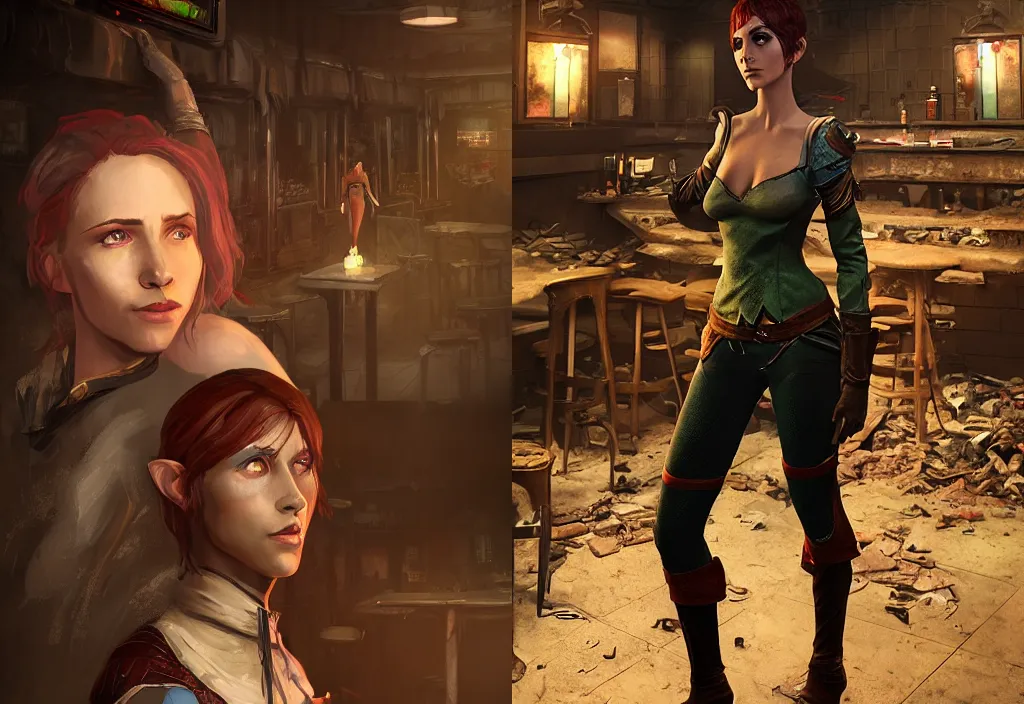 Prompt: character portrait of a female lavellan from dragon age walking through a destroyed dive bar wearing inquisitor clothes, with a realistically proportioned face, realistically rendered face, enhance face, 3 d model, 3 d character model, illustration, digital painting, realistic lighting, photorealistic eyes, good value control, realistic shading, substance painter