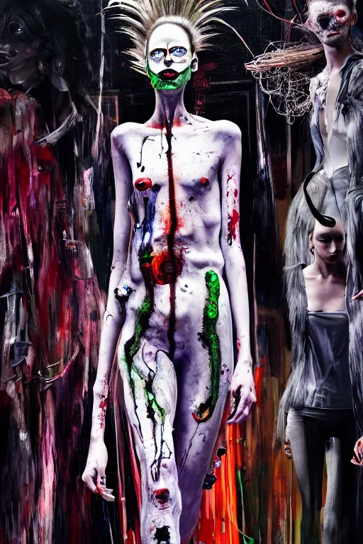 Image similar to crazy fashion catwalk, one model, crazy clothes, biopunk style, horror, hauntingly surreal, highly detailed painting by francis bacon, edward hopper, adrian ghenie, gerhard richter, and james jean soft light 4 k,