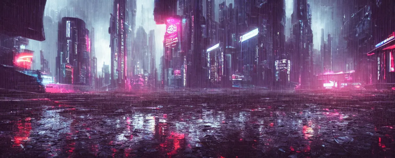 Image similar to cyberpunk landscape, synth, rainy, overcast, puddles