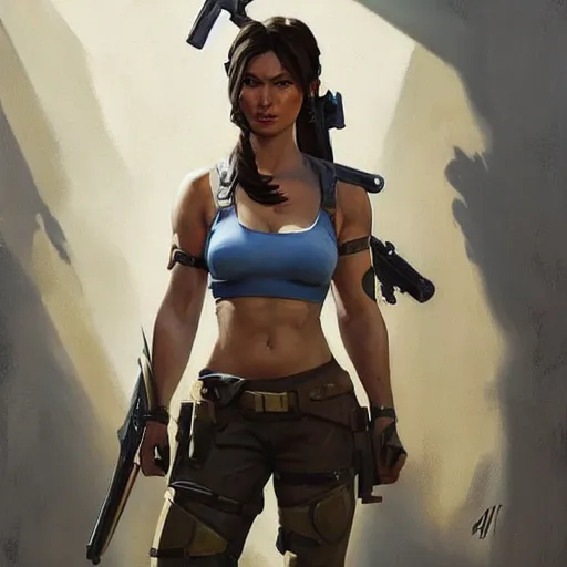 Prompt: greg manchess portrait painting of partially armored lara croft as overwatch character, medium shot, asymmetrical, profile picture, organic painting, sunny day, matte painting, bold shapes, hard edges, street art, trending on artstation, by huang guangjian and gil elvgren and sachin teng