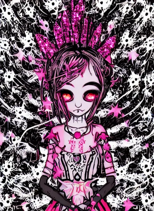 Image similar to spiked bloodmoon goregrind sigil stars draincore, baroque bedazzled gothic royalty frames surrounding a hellfire hexed witchcore aesthetic, dark vhs broken hearts, neon glyphs spiked pixelsort fairy kei decora doll by guro manga artist Shintaro Kago