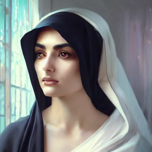 Image similar to a Photorealistic dramatic hyperrealistic render of an arab ameera al taweel, blue eyes, black hair, white veil,by WLOP,Artgerm,Greg Rutkowski,Alphonse Mucha, Beautiful dynamic dramatic dark moody lighting,shadows,cinematic atmosphere,Artstation,concept design art,Octane render,8K