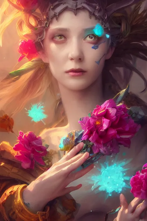 Prompt: beautiful girl necromancer covered with rainbow, 3 d render, hyper realistic detailed portrait, holding magic flowers, ruan jia, wlop. scifi, fantasy, hyper detailed, octane render, concept art, peter mohrbacher