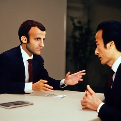 Image similar to Emmanuel Macron speaking Arabic to a china man in American Psycho (1999)