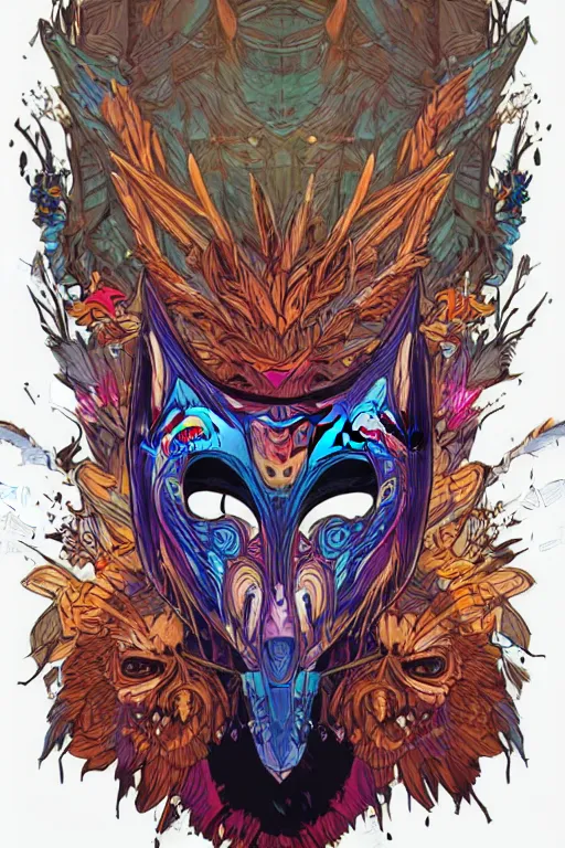 Image similar to animal mask totem roots tribal feather gemstone plant wood rock shaman vodoo video game vector illustration vivid multicolor borderlands comics by josan gonzales and dan mumford radiating a glowing aura