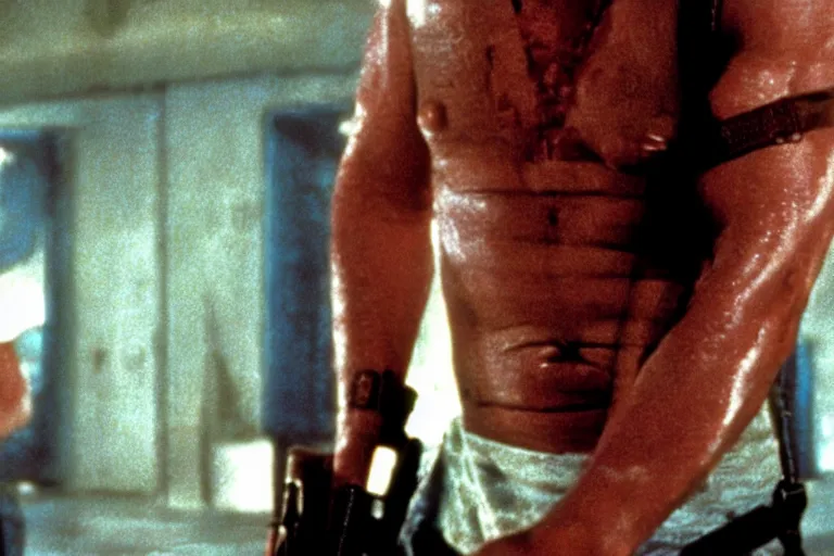 Image similar to film still of Vin Diesel as John McClane in Die Hard 1988