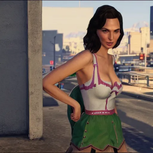 Prompt: Gal Gadot wearing a dirndl in GTA V.