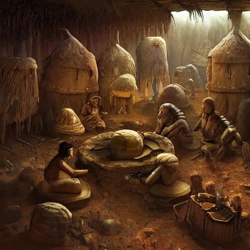 Image similar to primitive extraterrestrial villagers inside primitive hut, dramatic lighting, illustration, ron cobb, mike mignogna, science fiction, detailed painting, high detail, coherent, rough paper