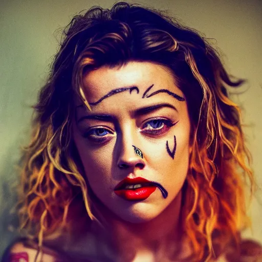 Prompt: amber heard with tattoos on her face in orange prison uniform, ultra realistic, canon 3 5 mm portrait photography, 8 k