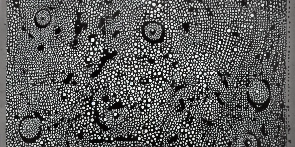 Image similar to deconstructed eye camo, technical, acrylic, teeth, eerie, tribal, clay, dotting, lines, stipple, points, cybernetic, style of old painting, francis bacon art, sleep paralysis, hypnosis, eerie, terror, oil, neon, black and white, splotches, colorful dots, ominous, abstract