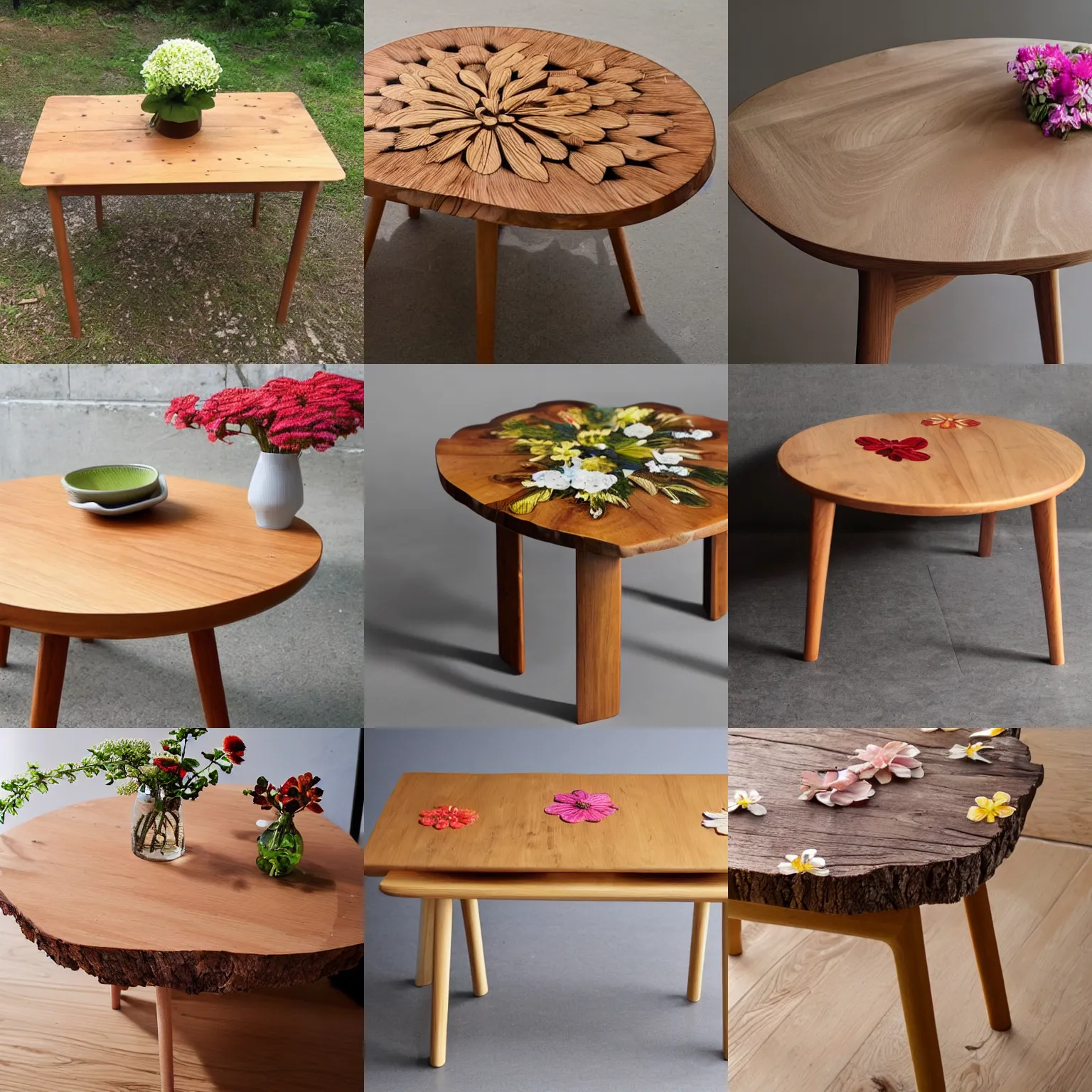 Prompt: norwegian design furniture of a wood table made of flower in wood
