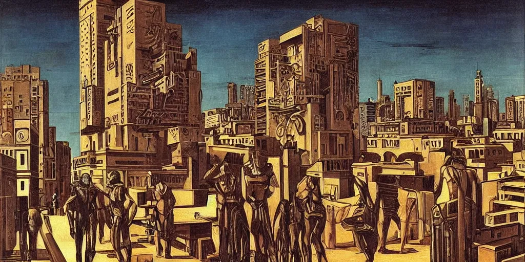 Image similar to friday night in a cyberpunk city by giorgio de chirico