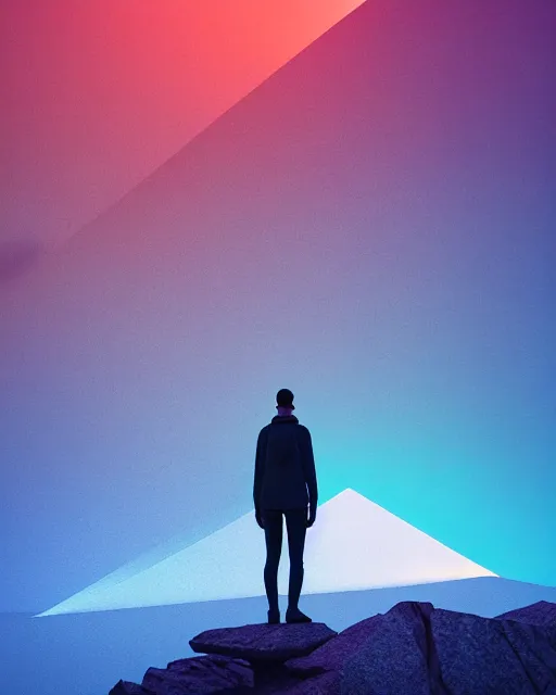 Image similar to a man standing in the middle of a mountain with a glowy neon triangle, a render by filip hodas, behance contest winner, environmental art, rendered in cinema 4 d, volumetric lighting