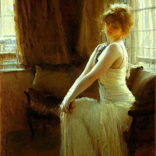 Image similar to portrait of a emotional dancer practicing alone, soft window light, long shadows, by gaston bussiere, jeremy mann.