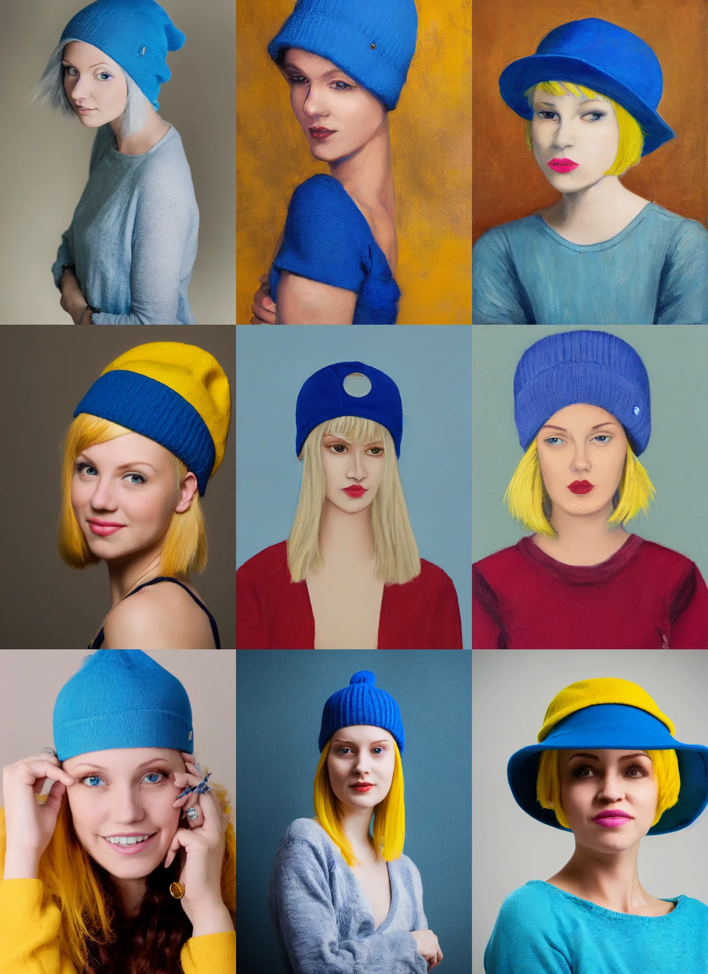 Prompt: portrait of a young lady with short yellow hair and nose ring wearing a blue hat