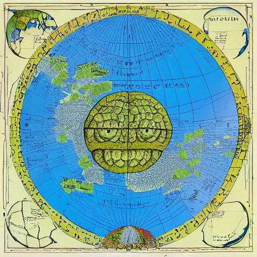 Image similar to a stack of turtles beneath a flat earth, round map