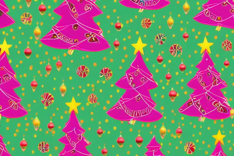 Image similar to a wrapping paper pattern with psychedelic christmas trees print, illustration