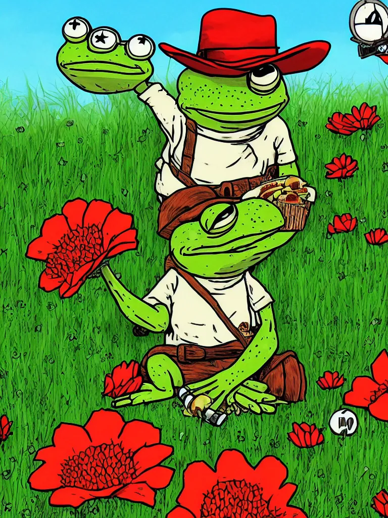 Image similar to resolution 4k hyper realistic film reel of pepe the frog red dead redemption 2 wandering army of pepe the frog a field of flowers a sunny day wholesome soft and warm picnic of breads and fruit sitting on a blanket pepe the frog. the sky is blue and filled with gods love the third rike will rise again hail pepe , rainbows of sweet angels art in the style of Tony DiTerlizzi , Francisco de Goya and Akihito Tsukushi and Arnold Lobel