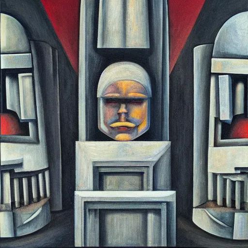 Image similar to three brutalist giant sacred robots visage, portrait, dictator, cathedral, dystopian, pj crook, edward hopper, oil on canvas